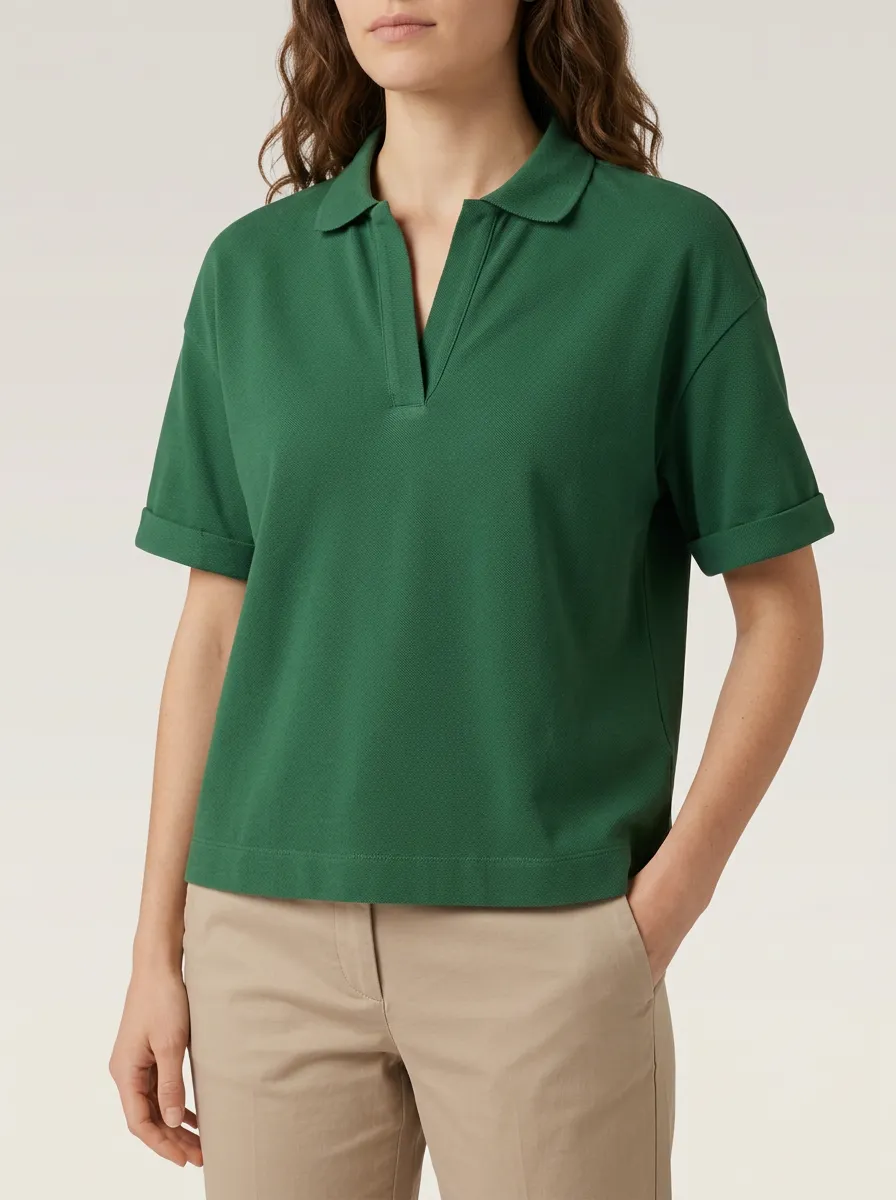 Women's Solid Green Polo with an Easy V Neck Shape
