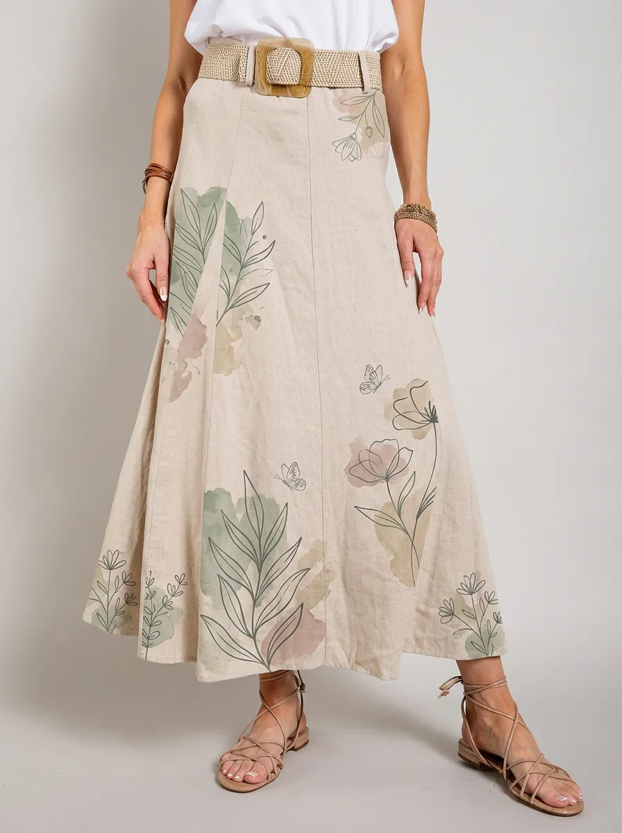 Women's Botanical Nature Lover Floral Butterfly Printed Linen Maxi Skirt