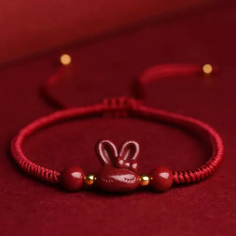 Handmade Cinnabar Zodiac Rabbit Rope Bracelet