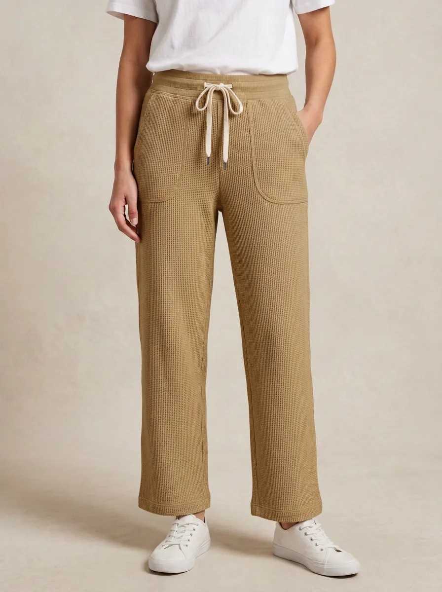 Women's Beige Waffle Knit Drawstring Casual Lounge Pants