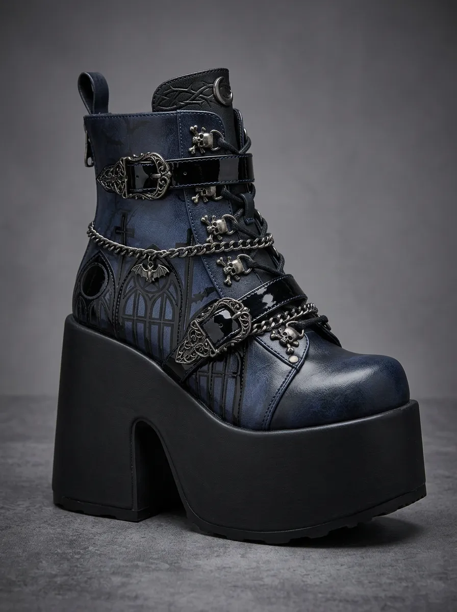 Witchy Skull Bat Look Women's Gothic Platform Boots