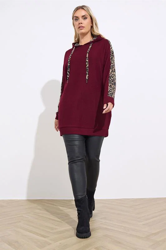 Burgundy Red Leopard Print Trim Hoodie detail 1