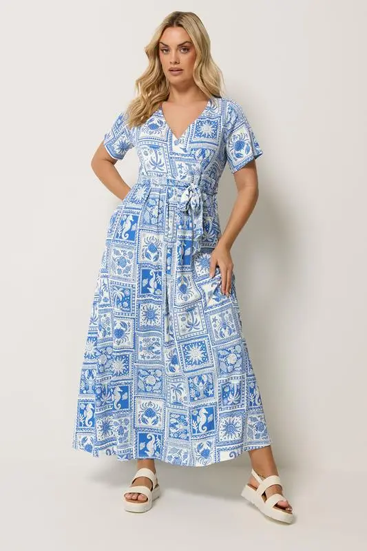 Blue Mixed Palm Tree Wrap Front Dress