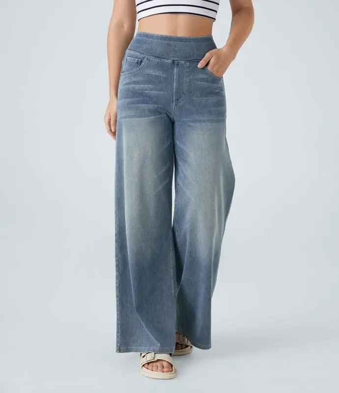 2026🔥  High Waisted Multiple Pockets Baggy Wide Leg Washed Stretchy Knit Casual Jeans