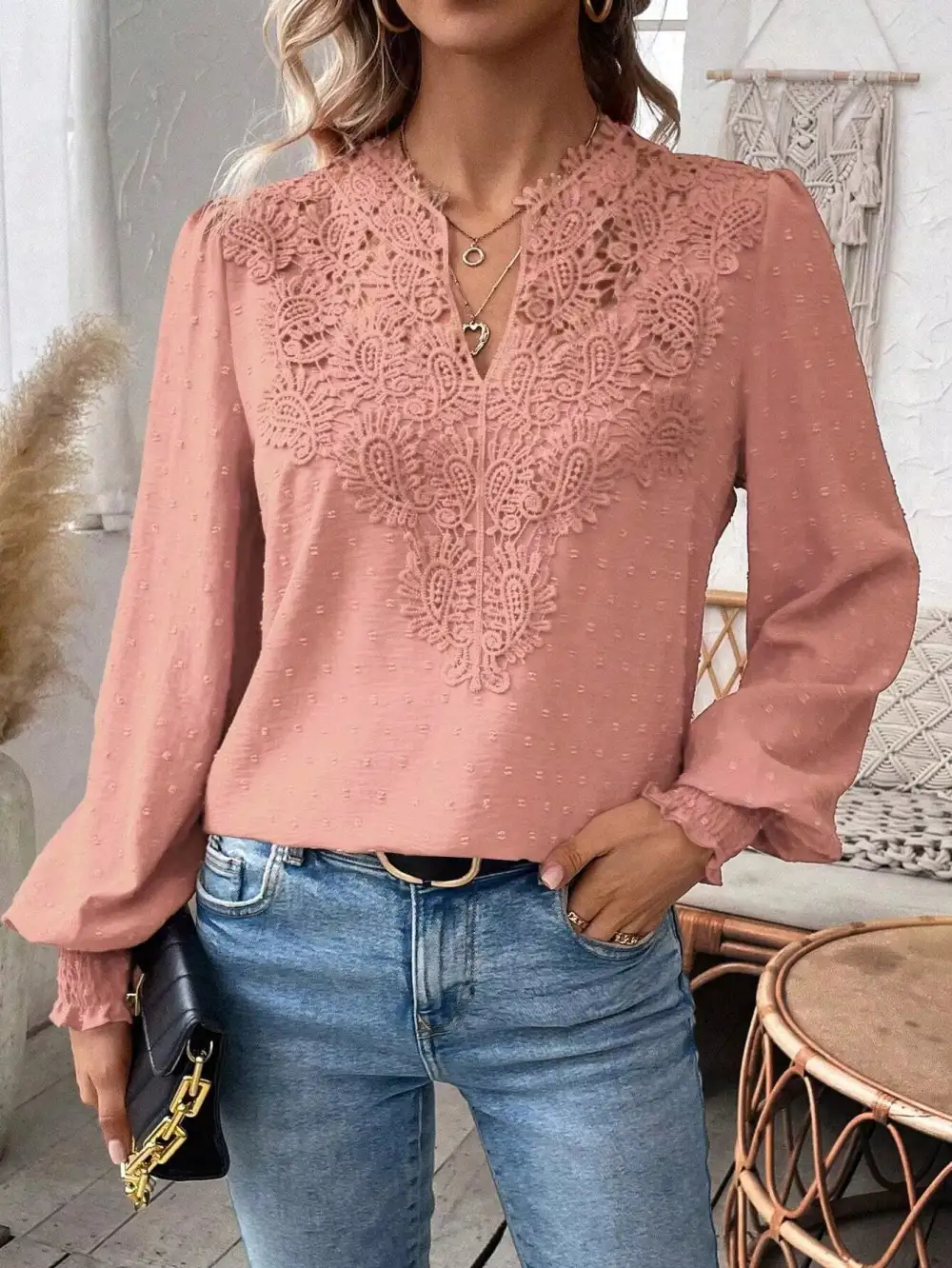 Swiss Dot Lace Detail Long Sleeve Blouse