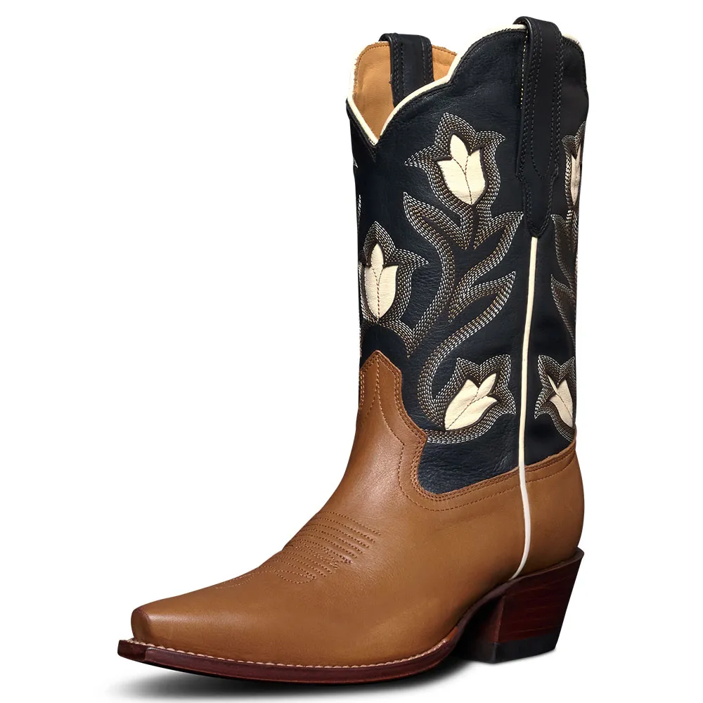 Faux-Leather Embroidered Floral Snip-Toe Mid-Calf Boots