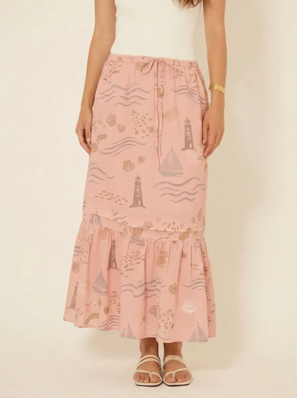 Women's Nautical Beach Lover Lighthouse Seashell Printed Midi Skirt