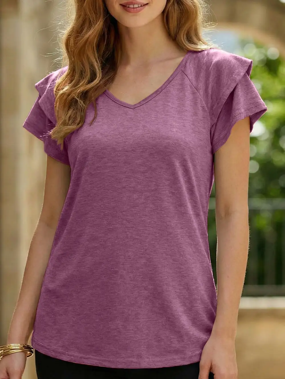 V Neck Double Layer Ruffle Sleeve Tank Top