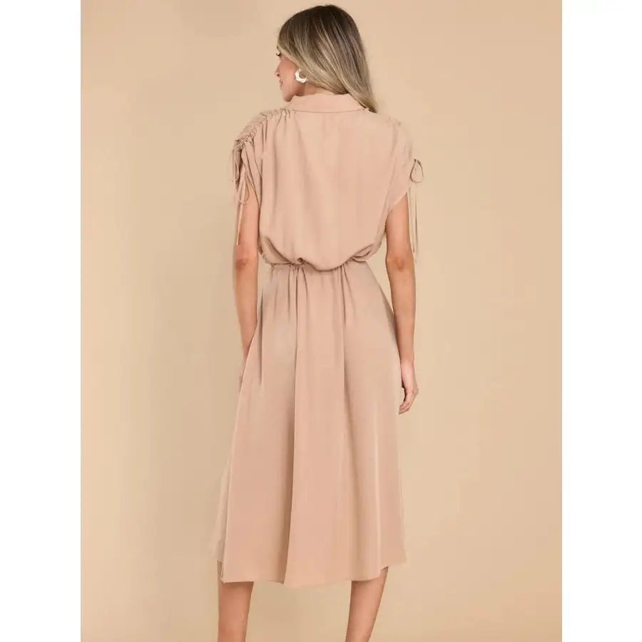 Drawstring Collared Neck Short Sleeve Midi Dress