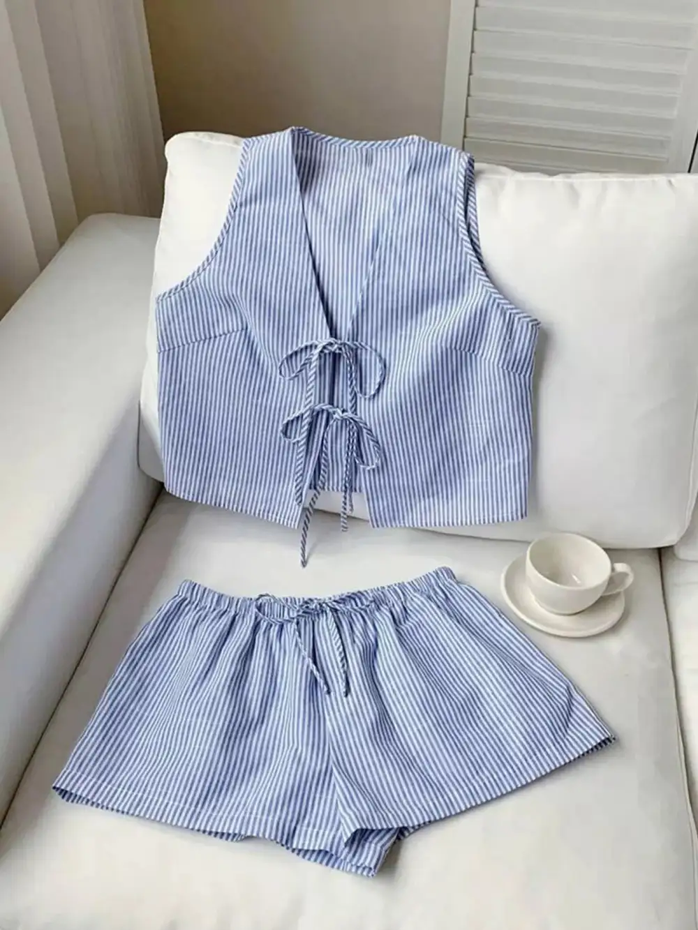 Striped Tie-front Vest and Shorts Set