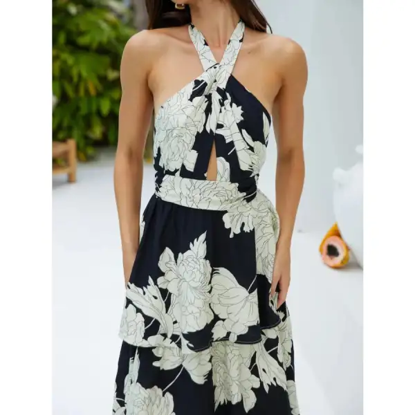 Printed Halter Neck Tiered Maxi Dress