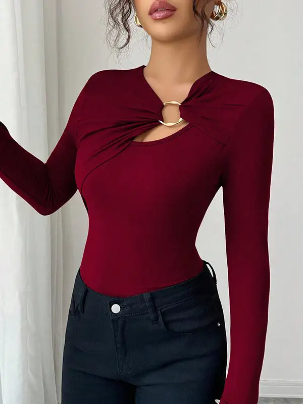 Long Sleeve Slim Fit Panel Detail Asymmetric Collar T-Shirt