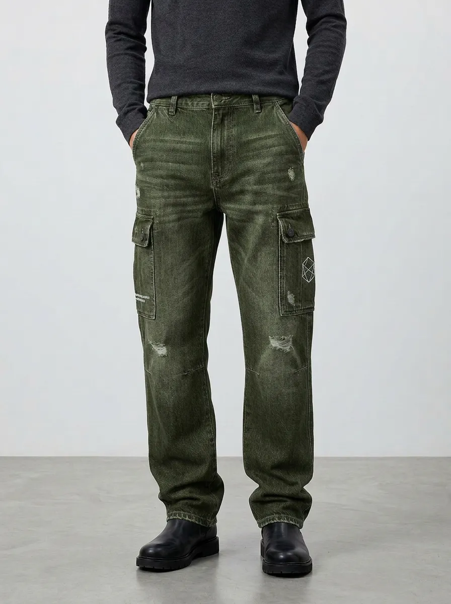 Men's Geometric Graphic Distressed Denim Cargo Jeans
