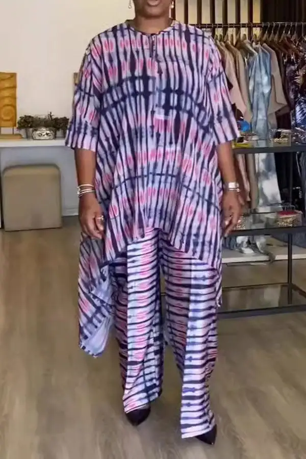 Abstract Print Asymmetric Round Neck Pant Set