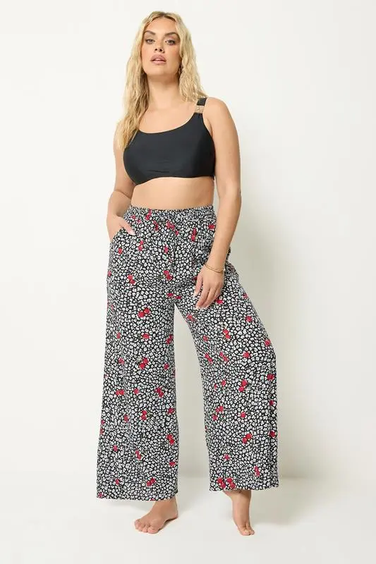 Black Leopard & Cherry Print Crinkle Beachwear Wide Leg Trousers