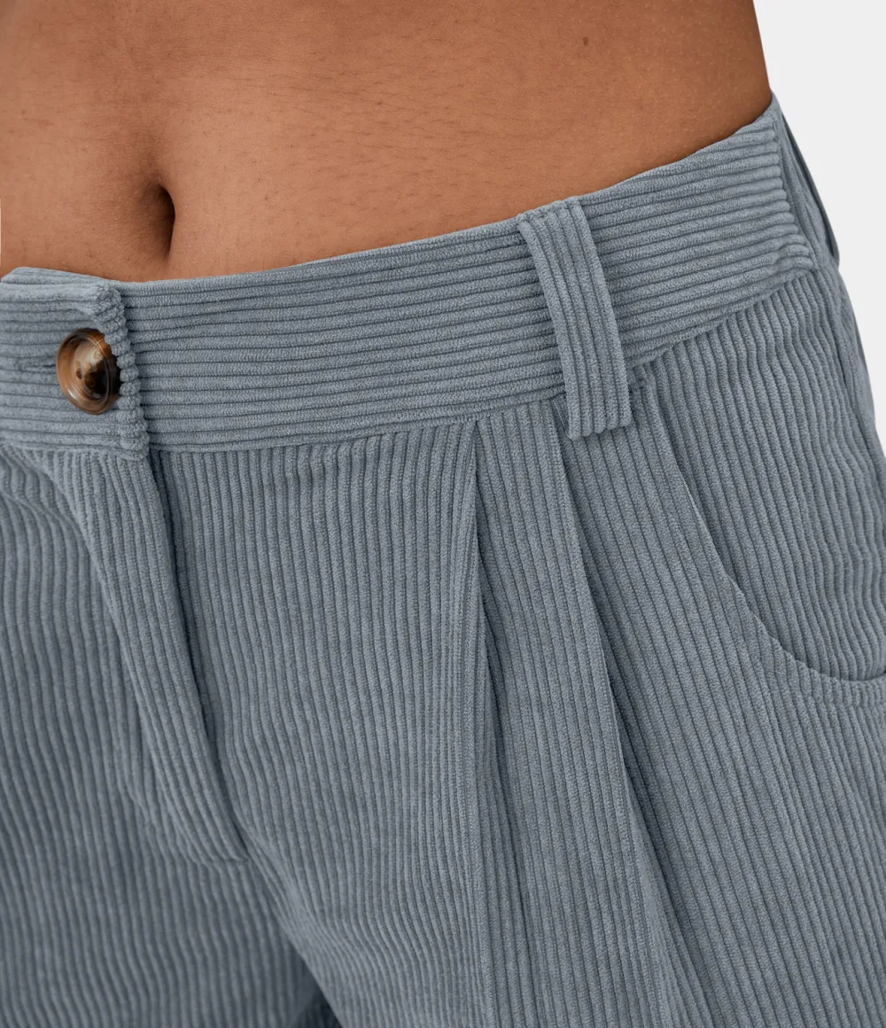 Mid Rise Button Zipper Side Pocket Corduroy Casual Pants