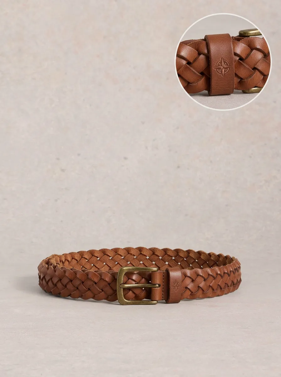 Men's Compass Motif Braided Leather Belt