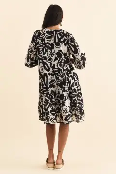 Pocket Above-Knee Cotton Floral Pleated V-Neck Half-Sleeve Dress