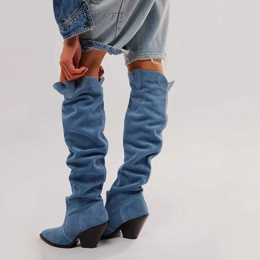 Denim Slouch Pointed-Toe Chunky-Heel Over-the-Knee Boots