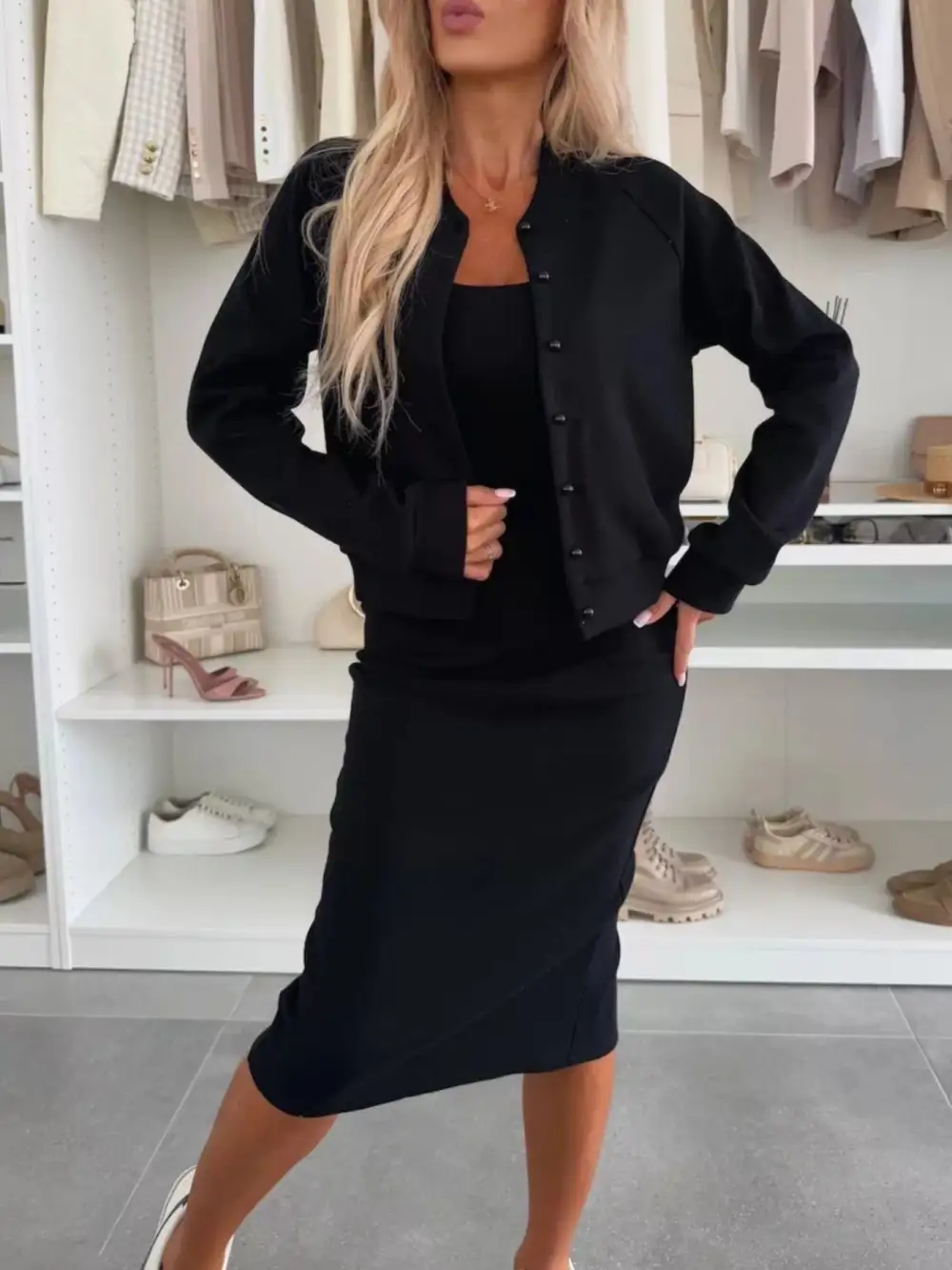 Plus Size Slit Square Neck Dress and Outerwear Set