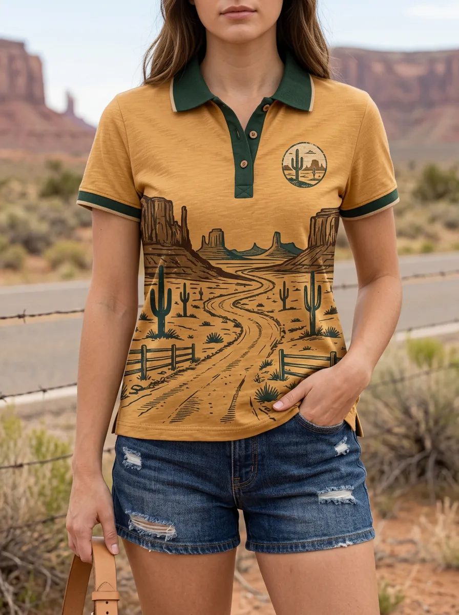 Women's Western Desert Lover Cactus Landscape Printed Polo Shirt