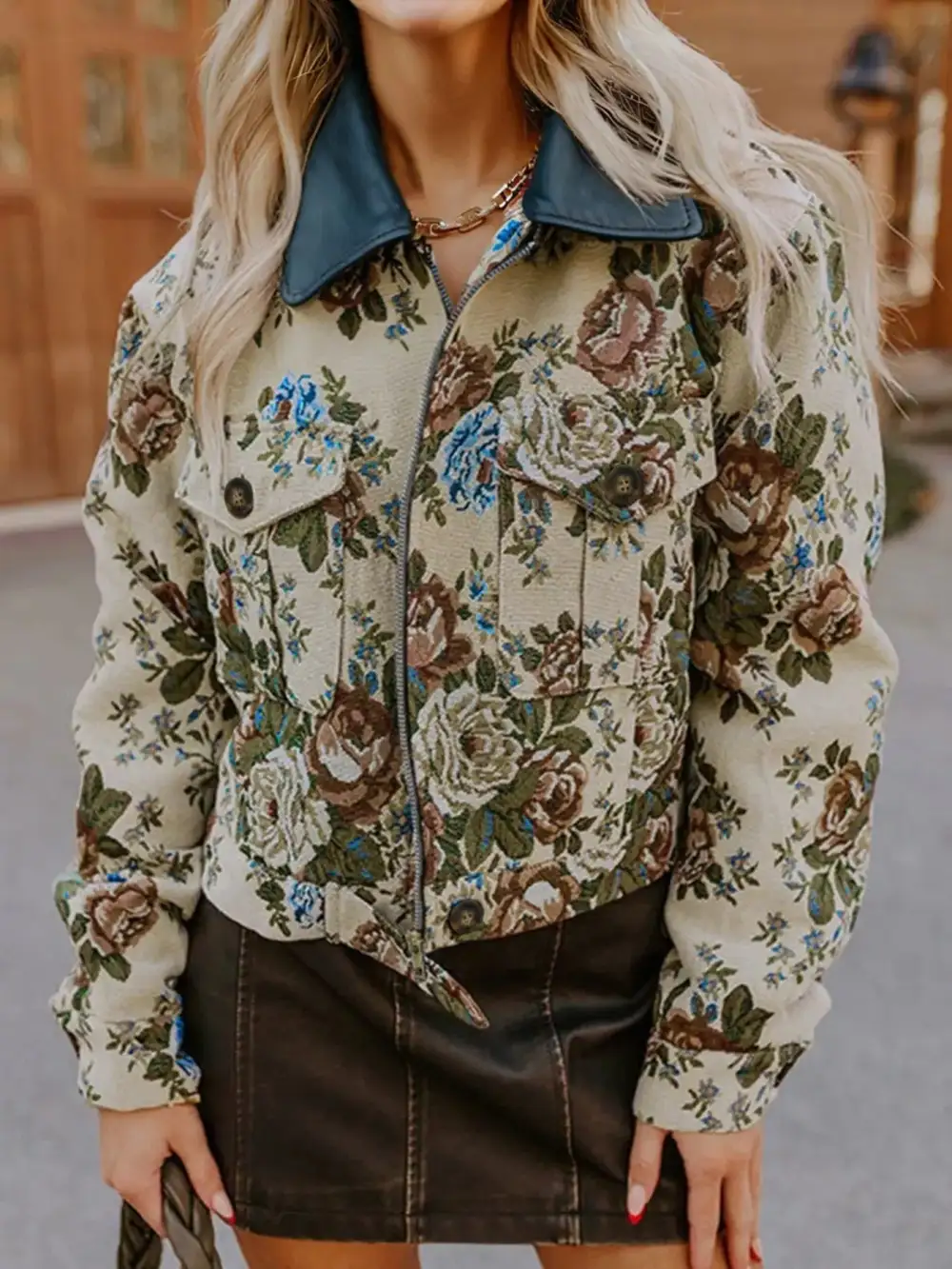 Floral Zip Front Casual Jacket