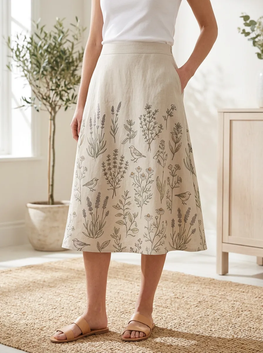 Women's Nature Lover Bird and Wildflower Printed A-line Skirt
