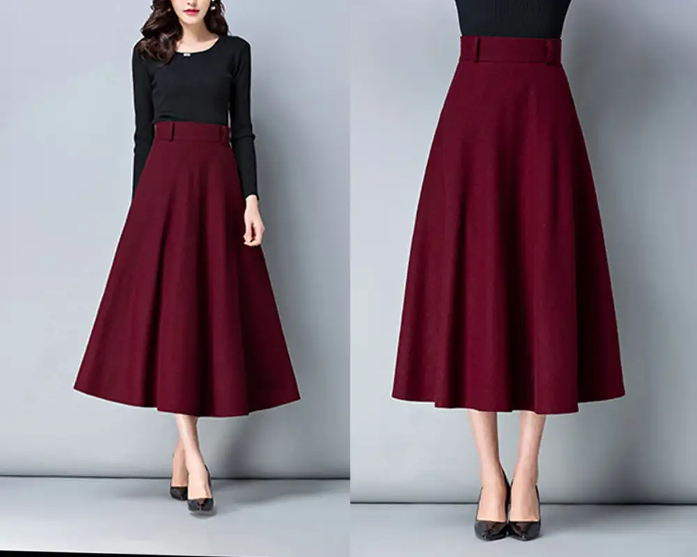 Belted Wool Flared Maxi Skirt