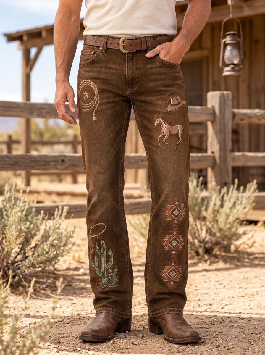 Men's Heritage Inspired Western Cowboy Horse Cactus Jeans