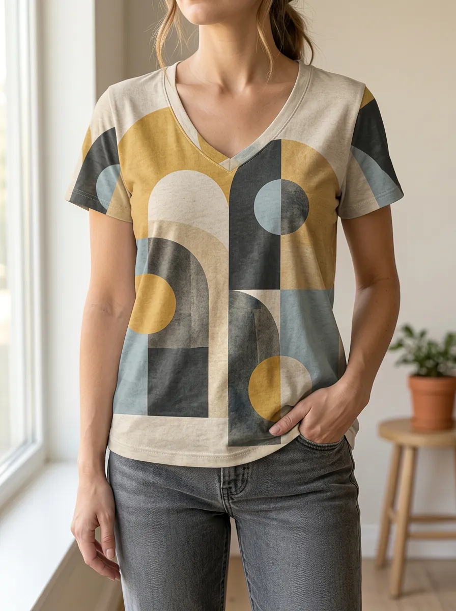 Women's Artful Abstract Geometric Pattern V-Neck T-Shirt
