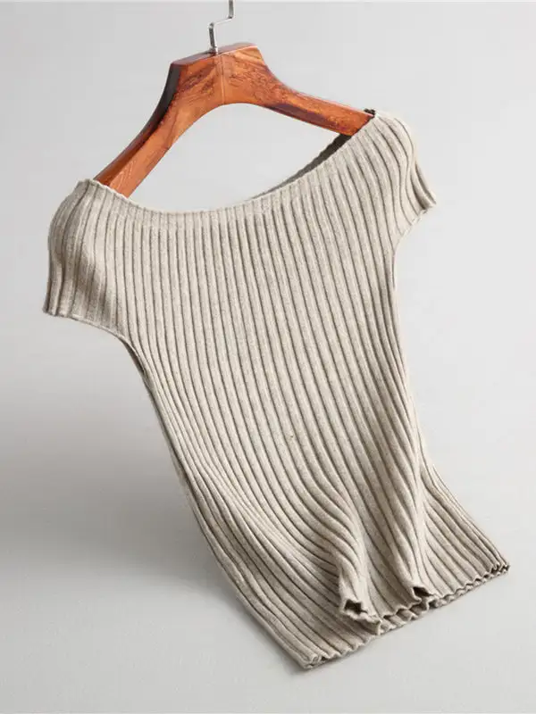 Boat Neck Short Sleeve Slim Fit Pullover Sweater