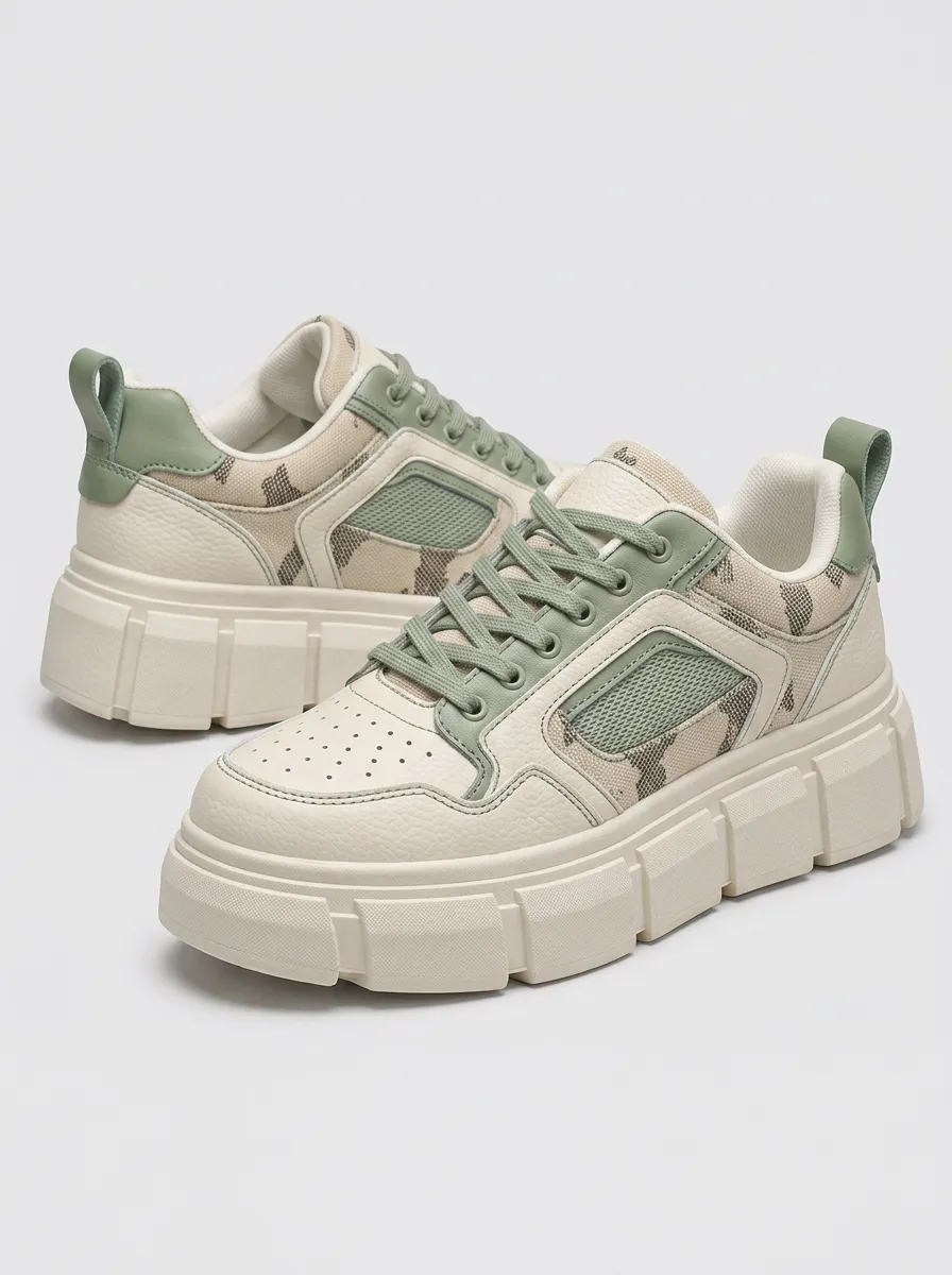 Men's Casual Sage Green Camo Printed Platform Sneakers