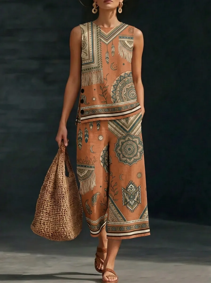 Women's Boho Mandala Feather Printed Sleeveless Set