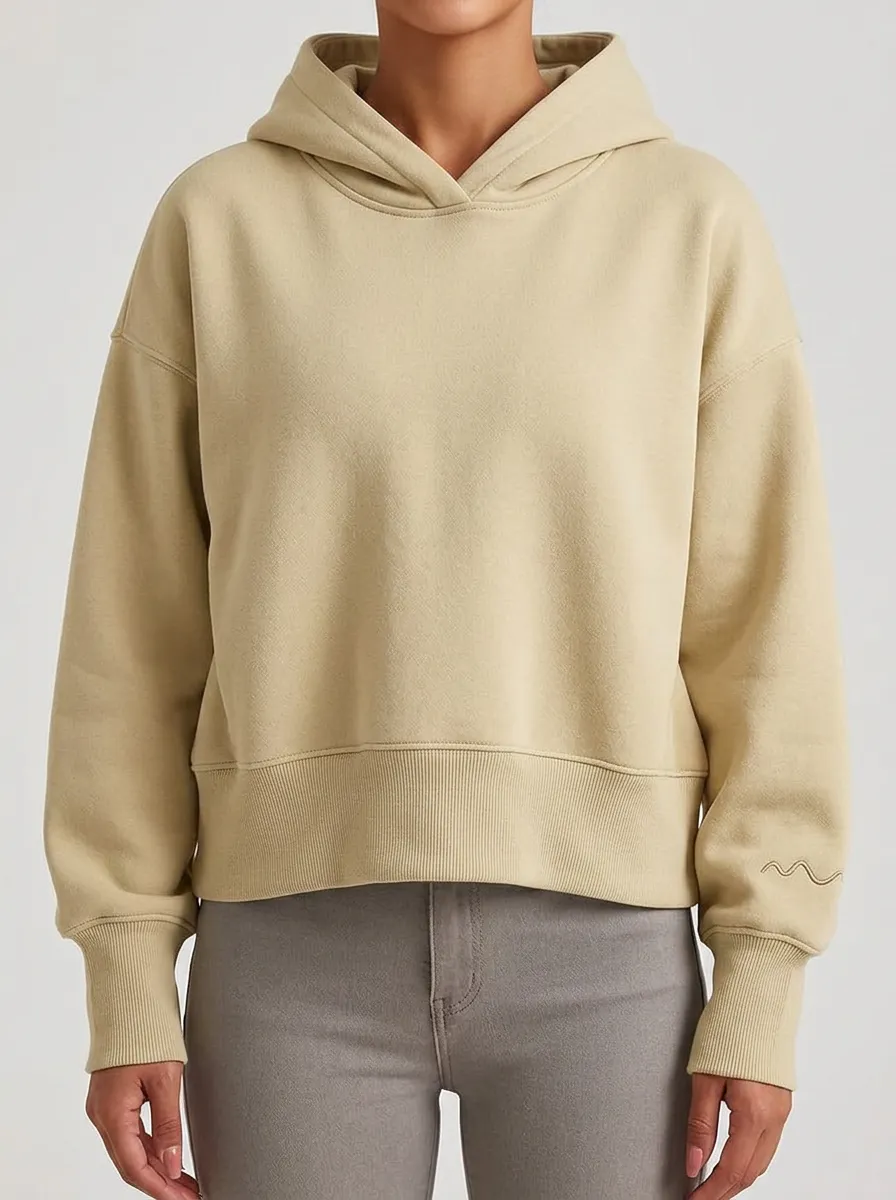 Women's Minimalist Beige Solid Color Wave Embroidered Hoodie