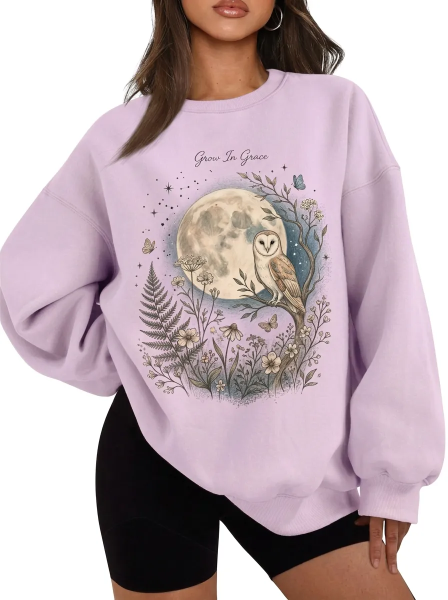 Women's Grow In Grace Moon Owl Floral Graphic Sweatshirt