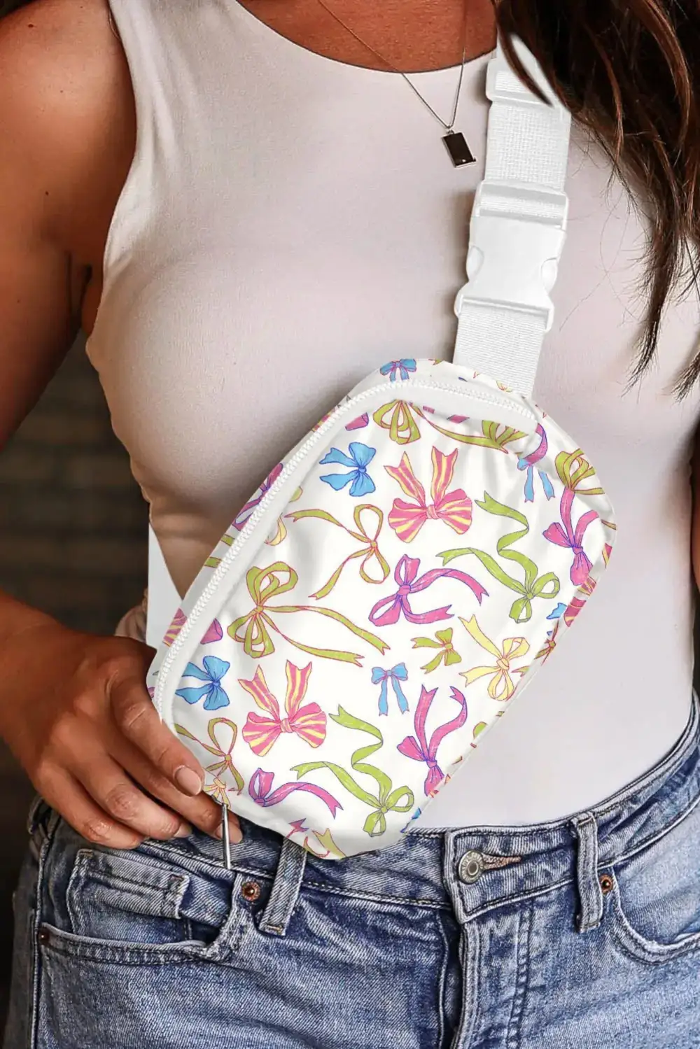 Bow Print Wide Strap Crossbody Bag