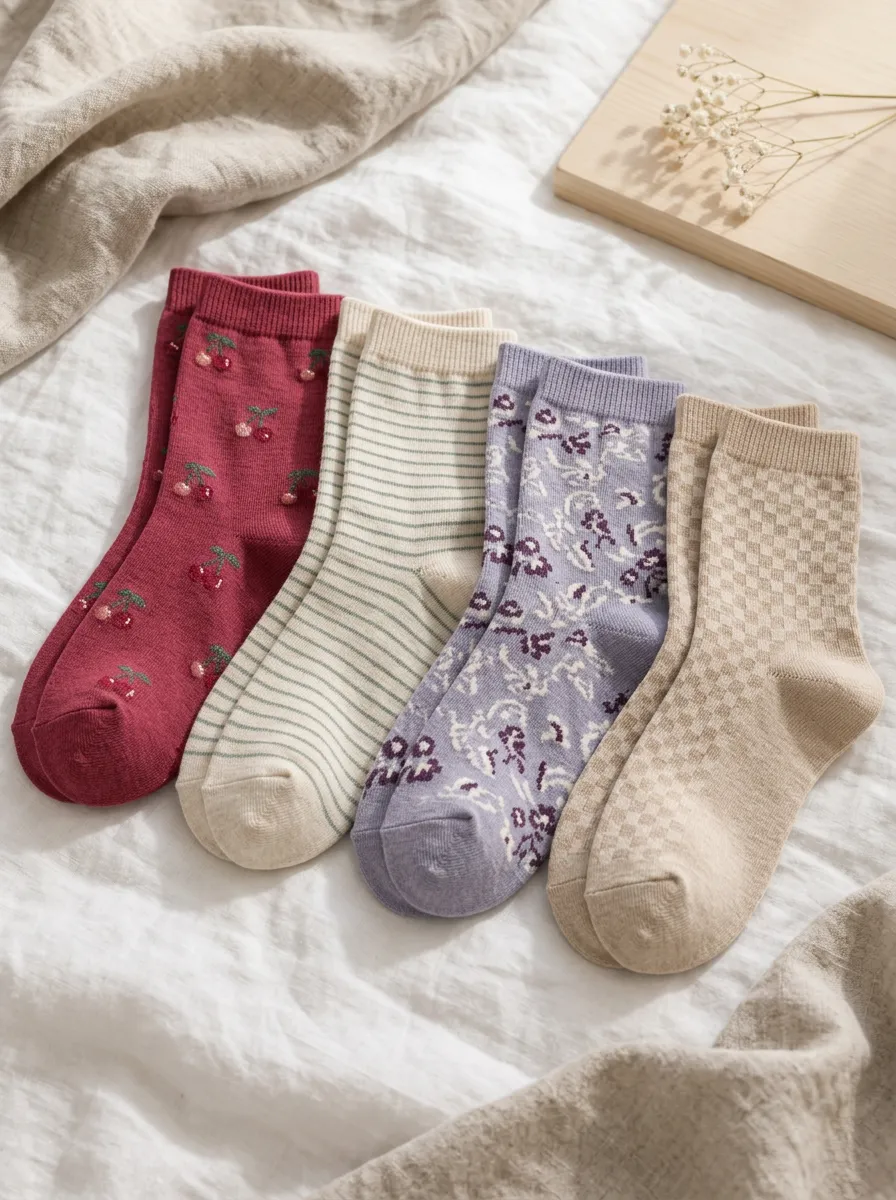 Women's Cherry Stripe Floral Checkerboard Printed Socks 4-Pack