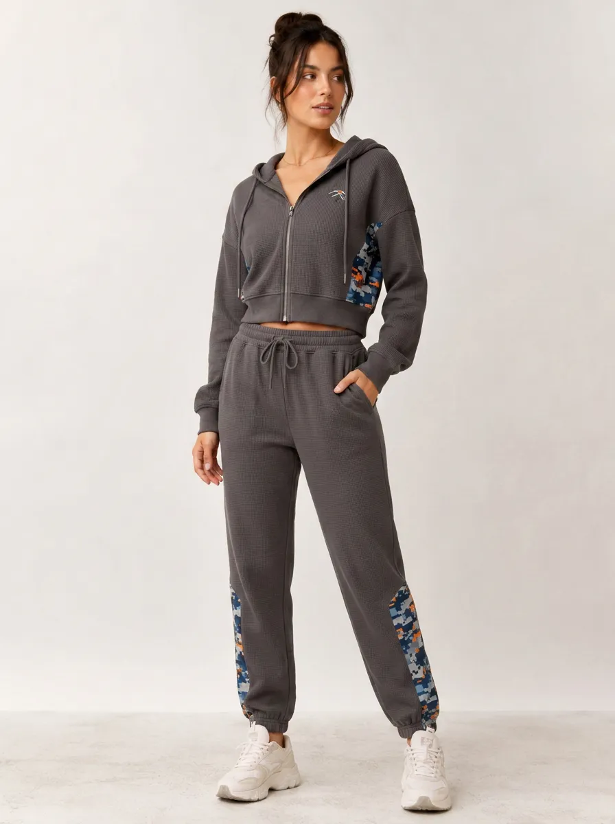 Women's Waffle Knit Camo Patchwork Printed Tracksuit