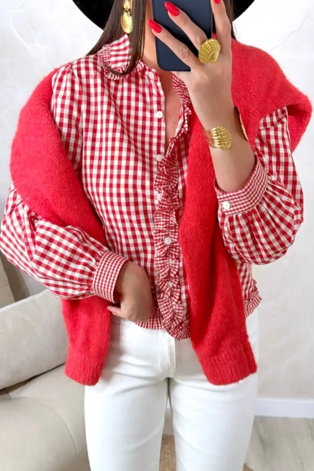 Women's Plaid Long Sleeve Frilled Blouse