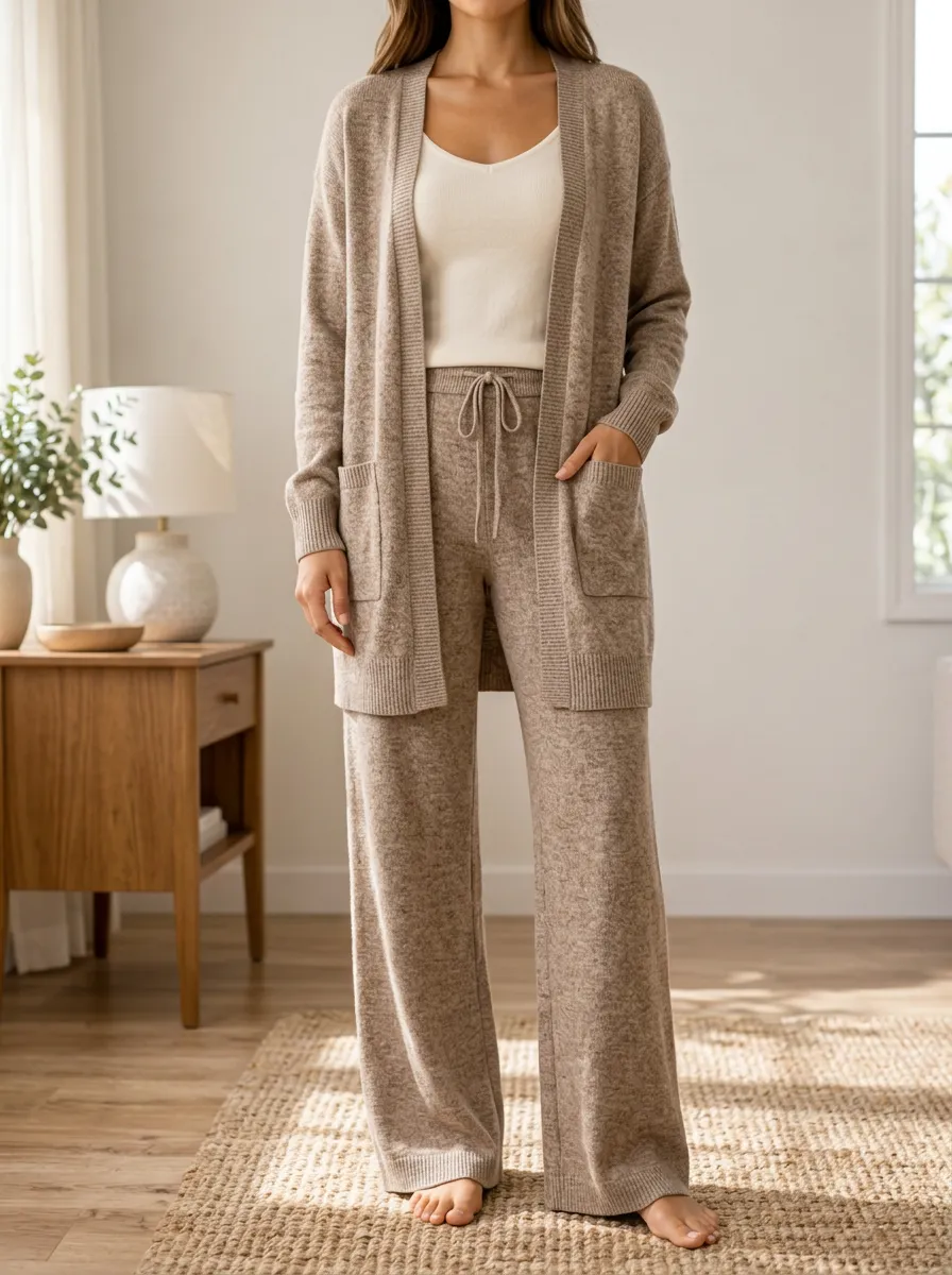 Women's Daily Wear Knit Cardigan Tank Top And Wide Leg Pants Matching Set