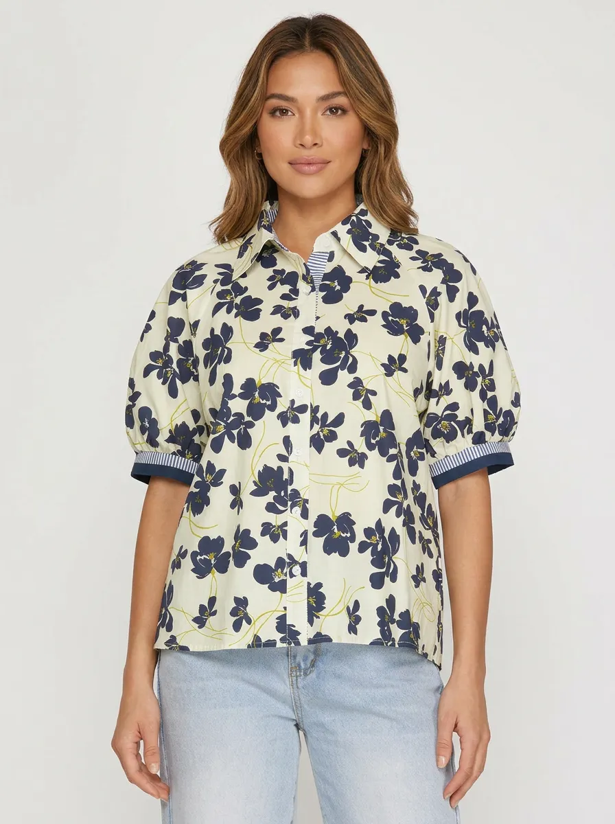 Women's Floral Pattern Navy Blue Flower Graphic Puff Sleeve Shirt