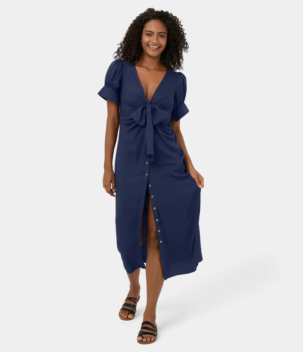 Deep V Neck Bishop Sleeve Button Tie Front Ruched Midi Casual Dress