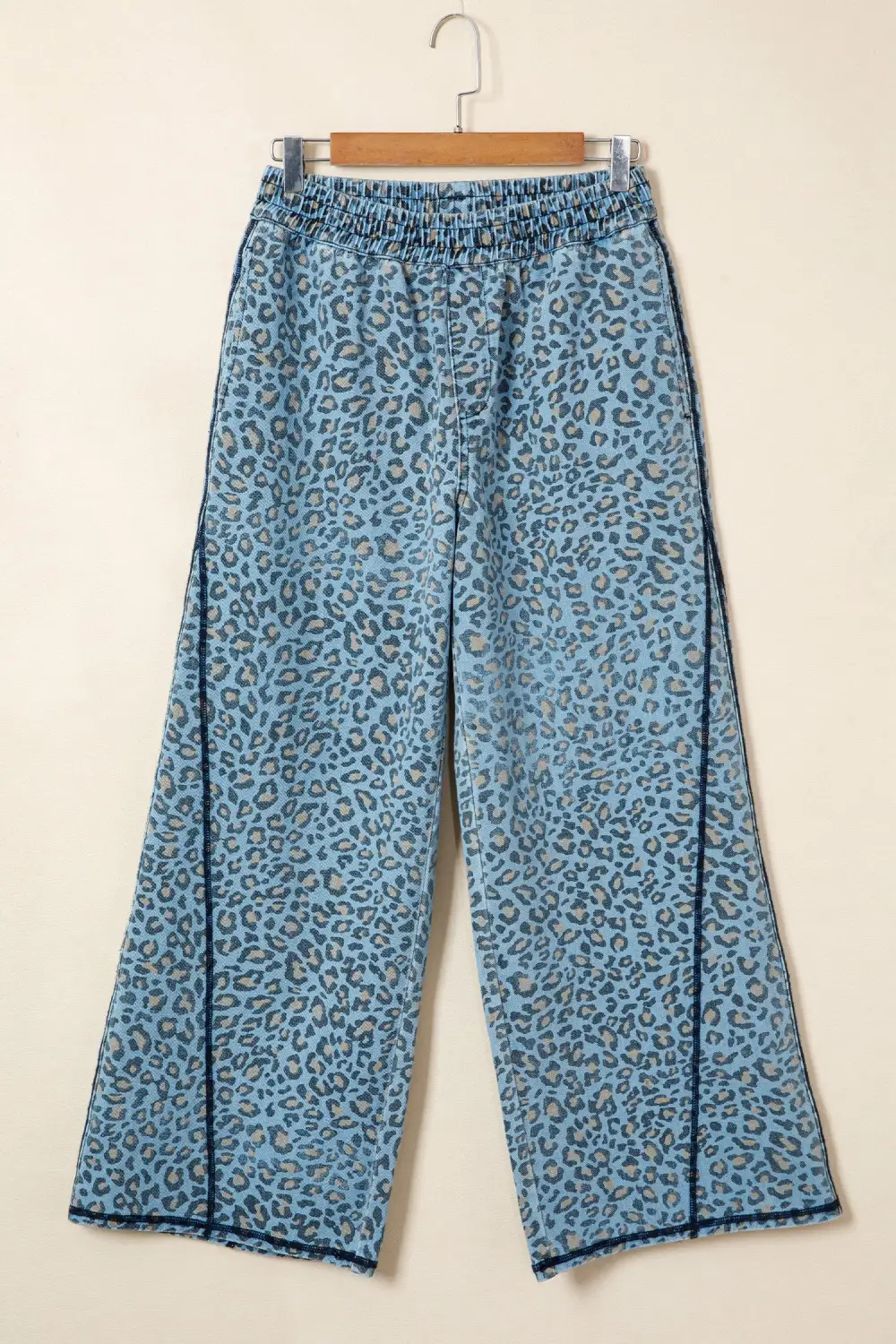 Women's Leopard Print Exposed Seam Detail Wide Leg Drawstring Jeans