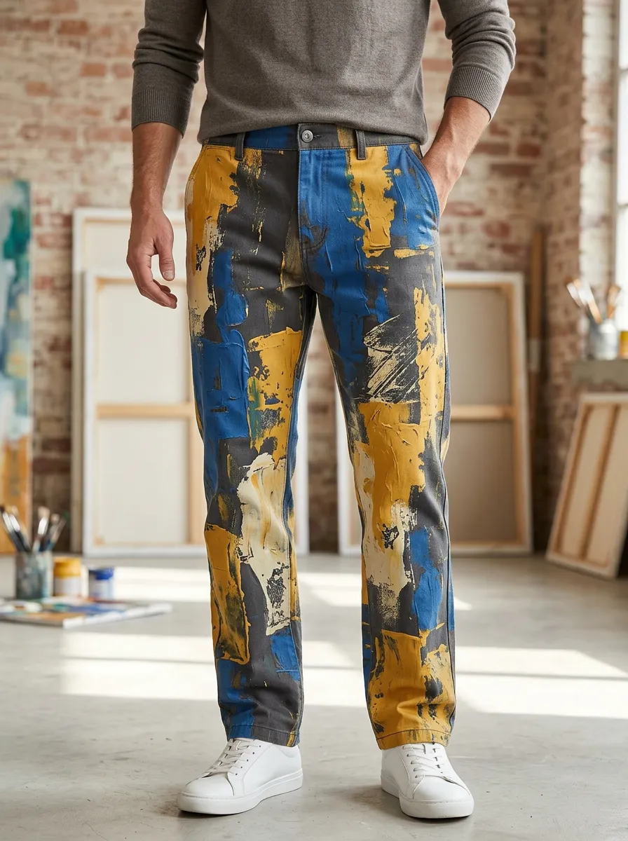 Men's Abstract Art Lover Blue Yellow Paint Printed Pants