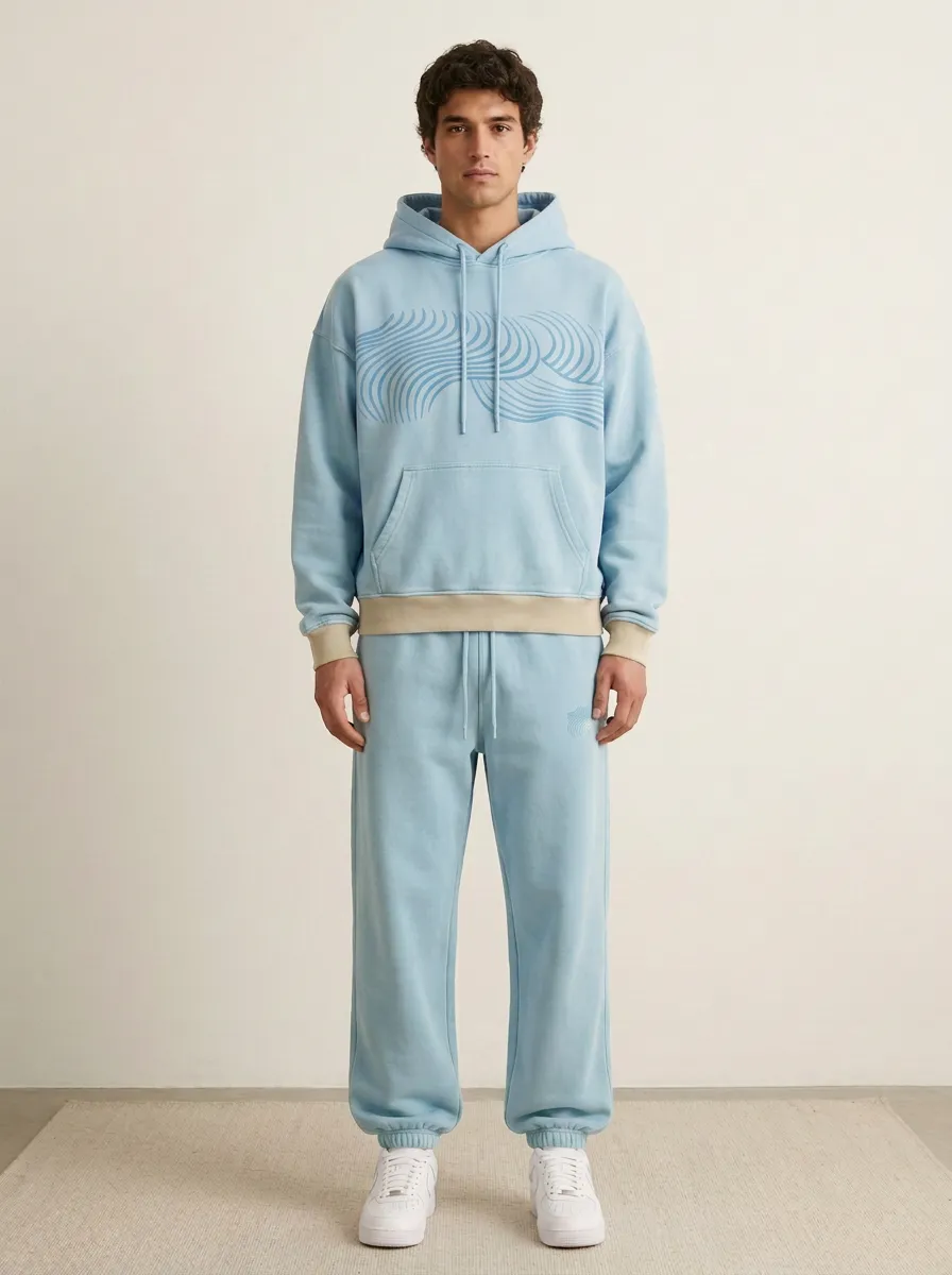 Men's Abstract Wave Graphic Printed Hoodie Sweatpants Set Everyday Design