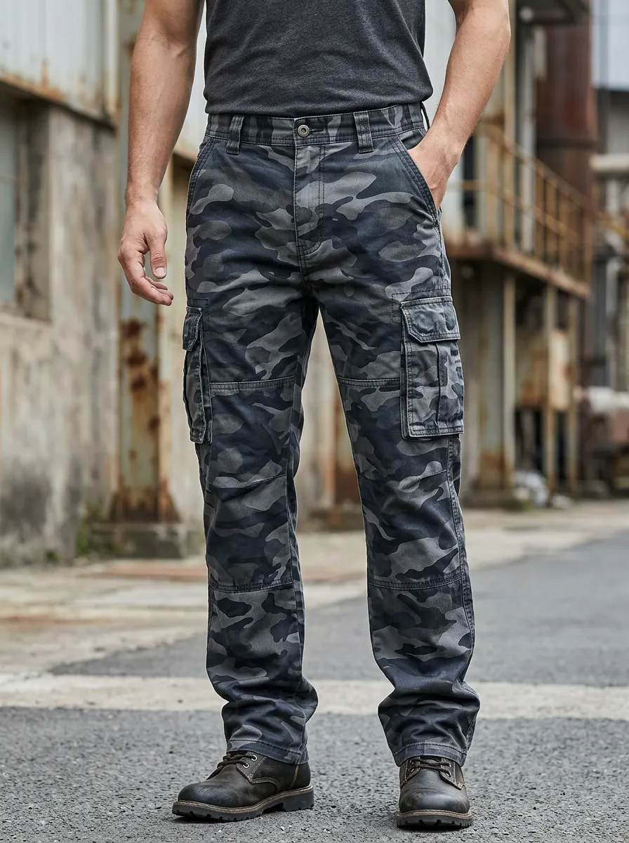 Men's Tactical Urban Camo Button-Flap Pocket Reinforced Knee Cargo Pants