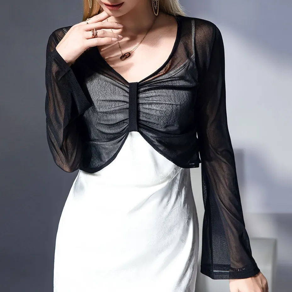 Women's Mesh Ruffled Long-Sleeve Blouse
