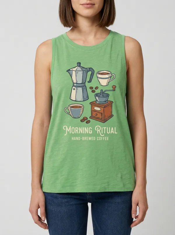 Women's Coffee-Inspired Morning Ritual Moka Pot Printed Tank Top