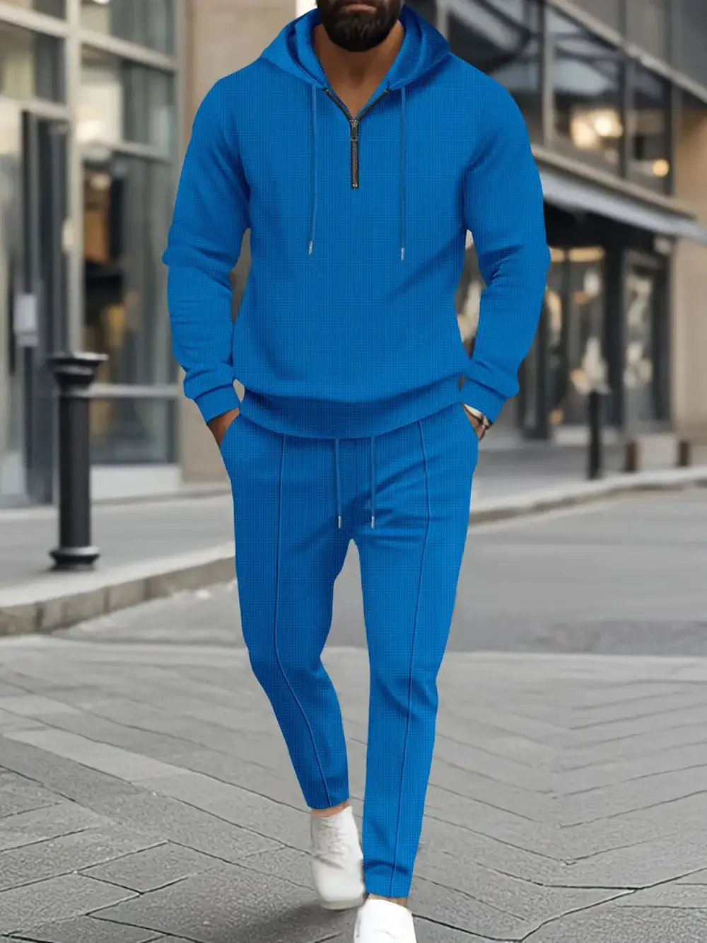 Waffle-Knit Half-Zip Hoodie and Pants Sport Set