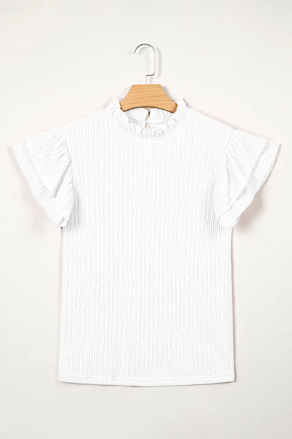 White Solid Color Textured Ruffle Trim Short Sleeve Blouse